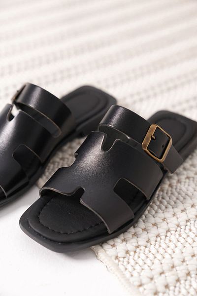 Zerenyus Garcia Premium Buckle Black Genuine Leather Slippers