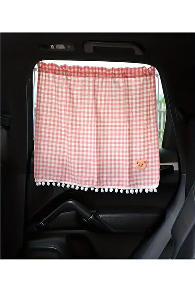 BABUN 1 Adet Pembe Ekoseli Ayıcıklı Araba Çocuk Koltuğu Güneşlik Perdesi UV K...