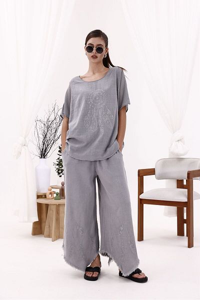 pier moda Women's Feather Embroidered Linen Trousers - Gray Color Shalwar - 100% Cotton Fabric - Breathable Organic Product - Loose
