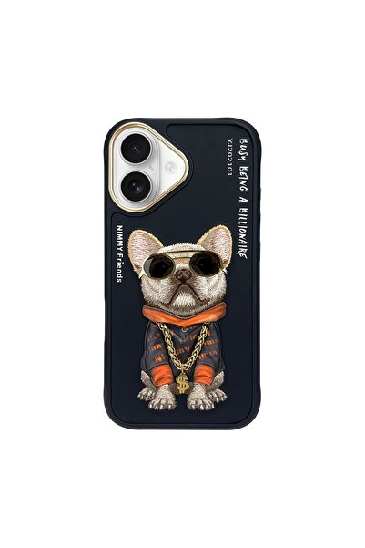 Nimmy iPhone 16 Uyumlu 3D Gözlük Zincir Köpek Detaylı Nakış İşlemeli Kabartma...
