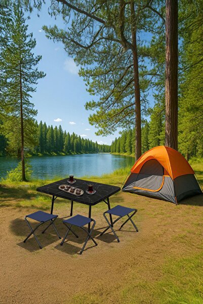 Exent 45X60 cm Kamp Sehpası + 3 Adet LACİVERT Tabure Piknik, bahçe sehpası Ka...
