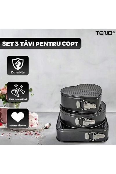 Teno Set 3 Tavi pentru Copt Teno®, forma inima/cerc/patrat, 24/26/28 cm, negru