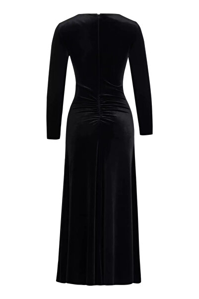 Keikei Siyah kadife uzun kol uzun elbise