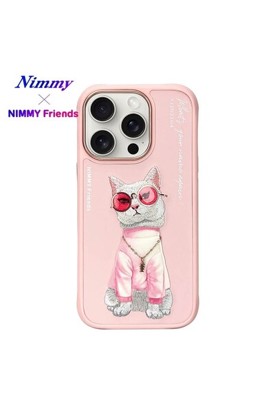 Nimmy iPhone 16 Pro Max Uyumlu 3D Gözlük Zincir White Kedi Nakış İşlemeli Kab...