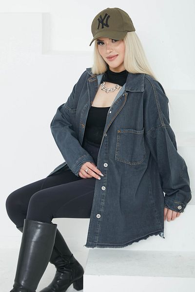 TOFİSA Women's Double Pocket Tassel Detail Denim Jacket Anthracite - 26576