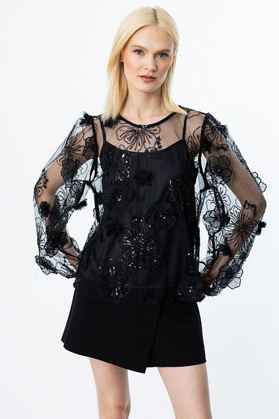 Ekol Sequined Floral Embroidered Blouse with Inner Tank Top