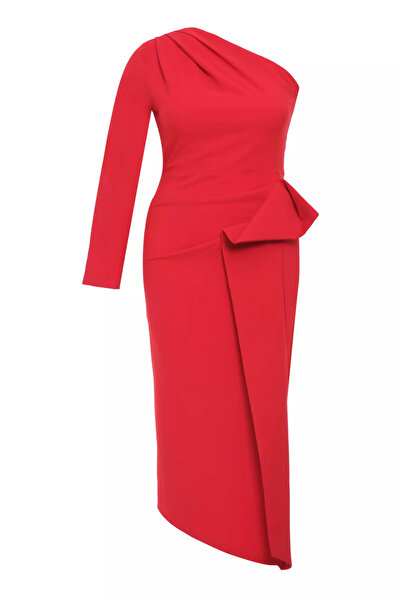 Keikei Kırmızı Büyük Beden Krep Uzun Kol Orta Boy Elbise