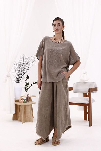 pier moda Γυναικείο παντελόνι με κέντημα με πούπουλα-καφέ φαρδύ 100% βαμβακερό ύφασμα αναπνεύσιμο βιολογικό προϊόν-φαρδύ
