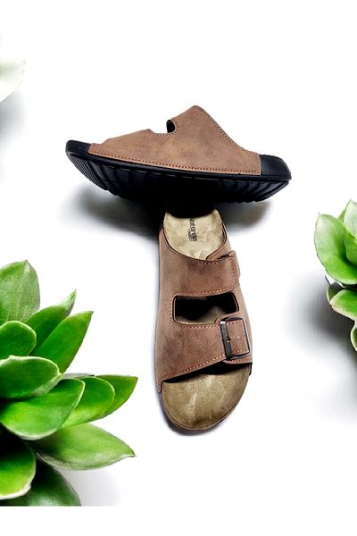 GEZER Adjustable Suede Leather Home and Outdoor Slippers with Buckle and Velcro