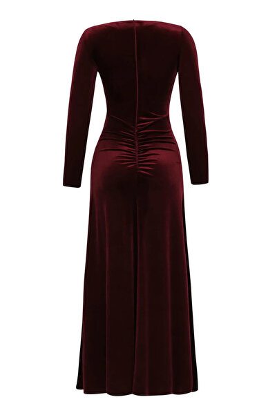 Keikei Bordo kadife uzun kol uzun elbise