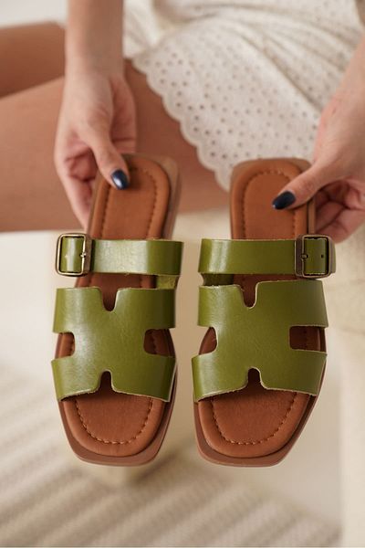 Zerenyus Παντόφλες Garcia Premium Buckle Khaki Green από γνήσιο δέρμα