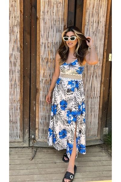 nedo7 Women's rope strap v neck waist guipure floral print side slit maxi single jersey dress