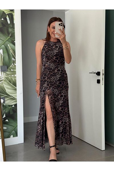X-Young Sleeveless Slit Leopard Print Dress Brown