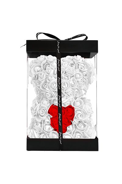 Teno Teddy bear made of Teno® Foam Roses, white floral with red belly, handmade, 25 cm