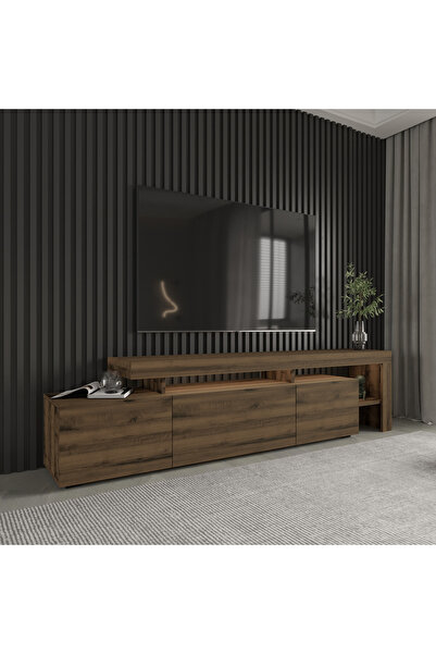 İNARCH DİZAYN Beliz Modern LED Işıklı 3 Kapaklı, Raflı TV Sehpası – 192 cm - Antik Ceviz