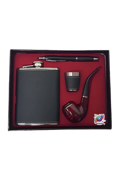 Creative Toys ANGMAD Gift Set: Metal Flask, Mini Glass, Pipe and Pen, Black Faux Leather