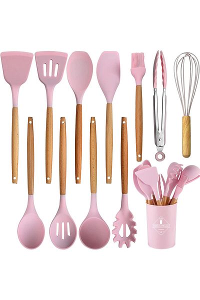 Teno Teno® 12-Piece Food Grade Silicone Kitchen Utensil Set, heat-resistant, stand included, pink