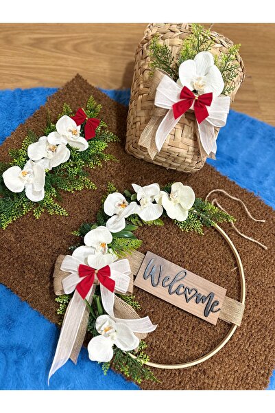 Marrone Welcome Hoşgeldiniz Σετ διακοσμητικών στοιχείων για την πόρτα με ορχιδέες, στολίδι για την πόρτα, χαλάκι και καλάθι, σετ 3 τεμαχίων διακόσμησης για την πόρτα
