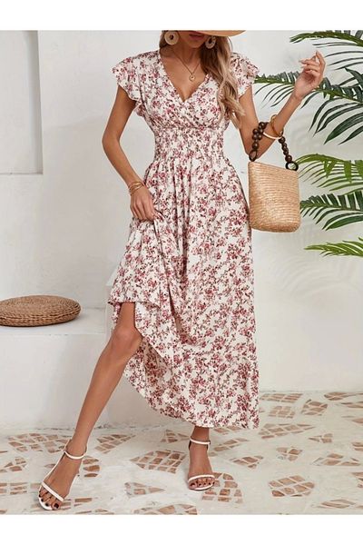 nedo7 Women Short Sleeve Double Breasted Lapel Elastic Waist Floral Print Dress