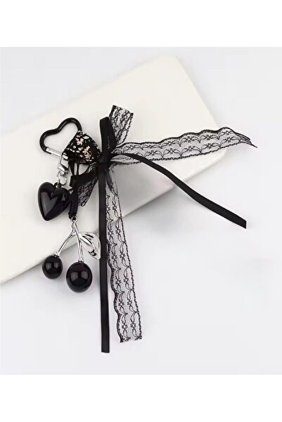 BABUN Siyah Kancalı Klipsli Kurdeleli Kalpli Kirazlı Çanta Charmı Süsü Siyah ...