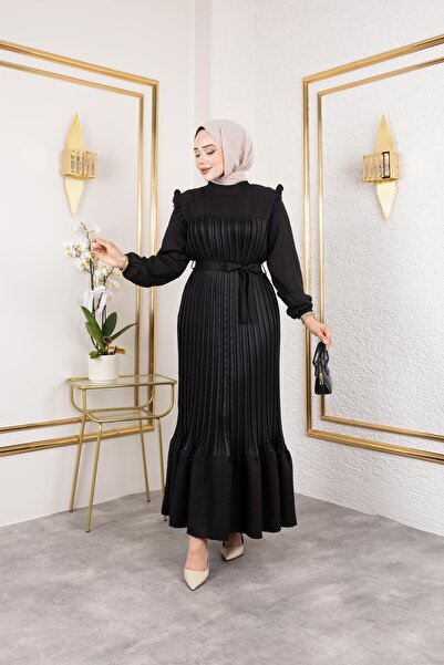 HARMAN BUTİK Γυναικείο βολάν Λεπτομερές Μαύρο Λινό Φόρεμα με Ζώνη