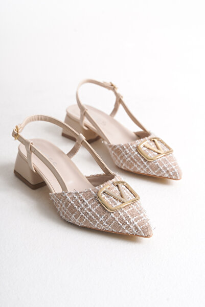 leopar by çetinay Beige Linen Women's Heeled Shoes/Stiletto with Gold Buckle Detail