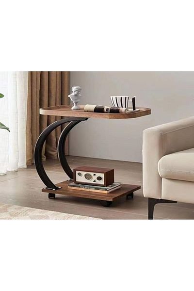 Generic C Shaped Side end Table With Wheels, Sofa end Table, 2 Layer Wooden top Tray for Living Room Bedroom