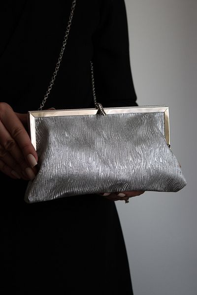 Mimoza Women's Silver Glitter Textured Metal Framed Stone Detailed Evening Dress Clutch Bag
