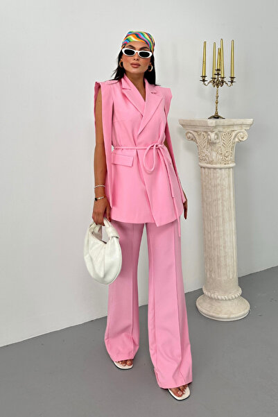 spirituel Women's Top and Bottom Double Suit Shoulder Detailed Belted Vest Pants Suit