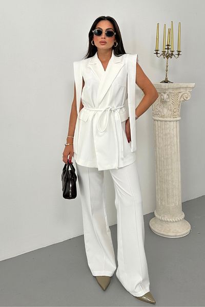 spirituel Women's Top and Bottom Double Suit Shoulder Detailed Belted Vest Pants Suit