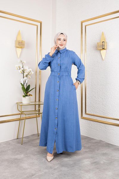 HARMAN BUTİK Women's Pocket Detailed Buttoned Waist Elastic Blue Dress