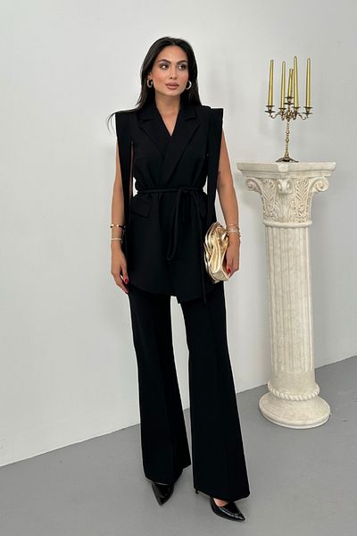 spirituel Women's Top and Bottom Double Suit Shoulder Detailed Belted Vest Pants Suit