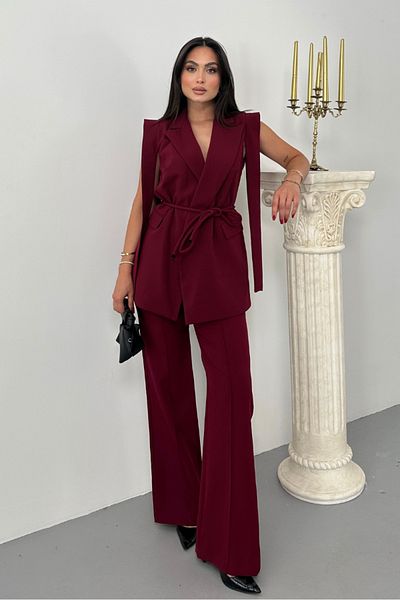 spirituel Women's Top and Bottom Double Suit Shoulder Detailed Belted Vest Pants Suit