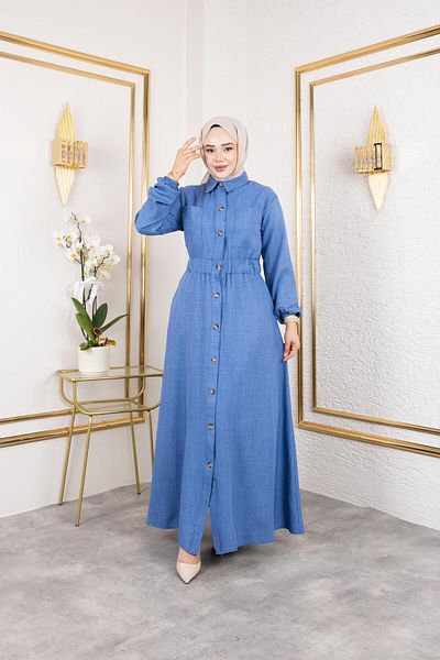 HARMAN BUTİK Women's Pocket Detailed Buttoned Waist Elastic Blue Dress