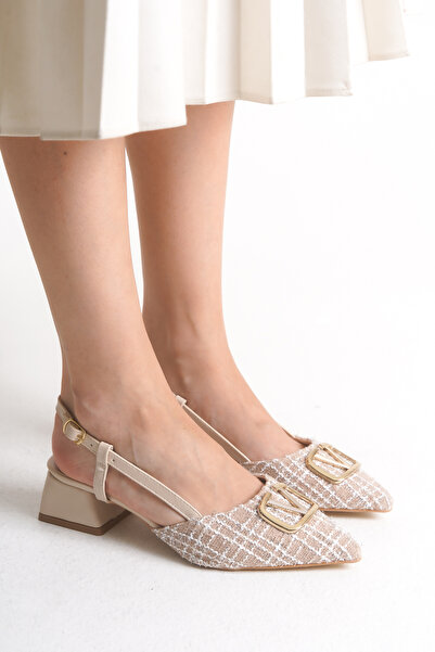 leopar by çetinay Beige Linen Women's Heeled Shoes/Stiletto with Gold Buckle Detail