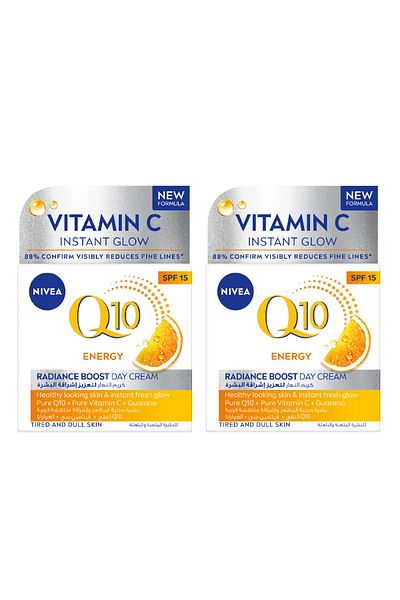NIVEA Q10 Plus C Anti-Wrinkle and Energy Day Face Cream Vitamin C SPF 15, 50ml, Pack of 2