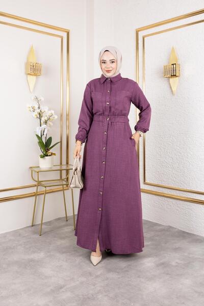 Women's Pocket Detailed Buttoned Purple Dress with Elastic Waist