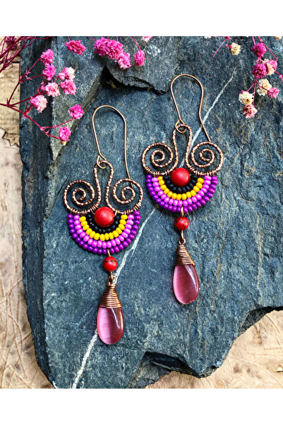 MODA Handmade cat eye stone copper wire wrap earrings