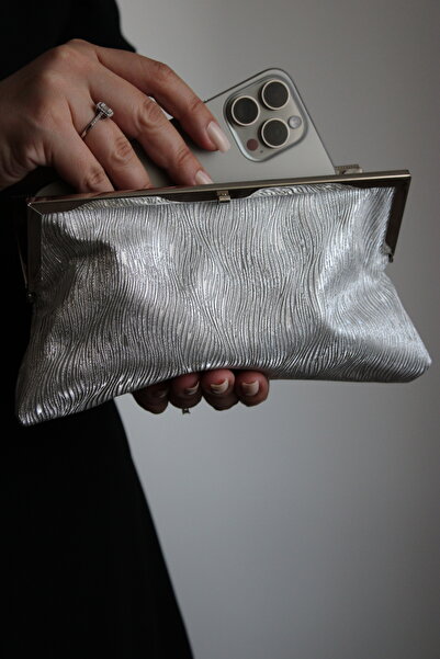 Mimoza Women's Silver Glitter Textured Metal Framed Stone Detailed Evening Dress Clutch Bag
