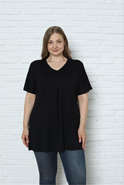 Asel Plus Size V-Neck Black Loose Cut Lycra Blouse