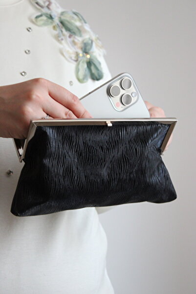 Mimoza Women's Black Glitter Textured Metal Framed Stone Detailed Evening Dress Clutch Bag