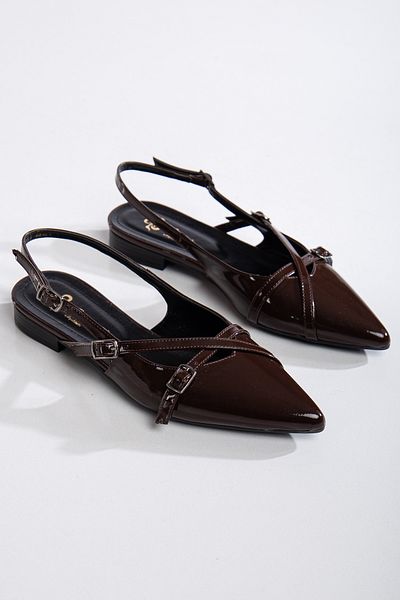 MS SUGAR SHOES Women's Faux Leather Cross Buckle Pointed Toe Low Heel Ballerinas