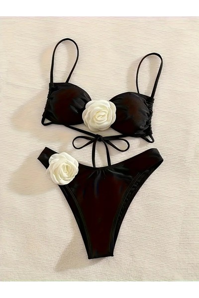 sitriva Kadın Siyah Gül Aplikeli İnce Askılı Bikini Takımı