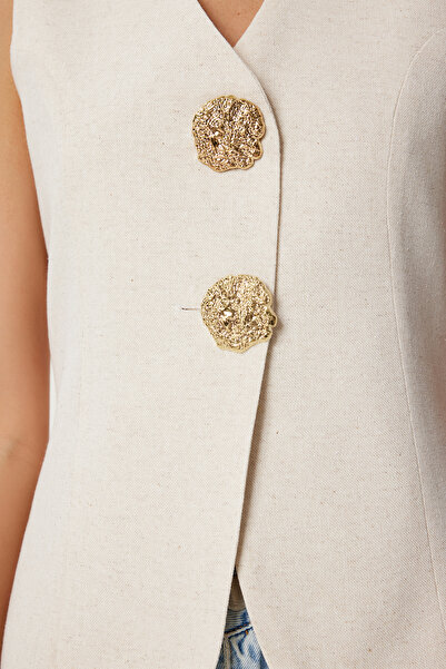 Lovelyİstanbul Stylish Buttoned Linen Vest Cream Lrg0028