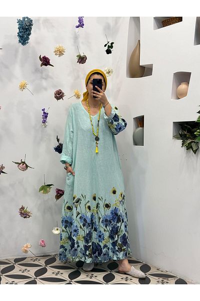 Ranasubaşı Floral Patterned Long Linen Dress Water Green