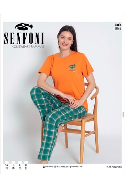 5.MEVSİM Set pijamale cu mâneci scurte din bumbac 100% culoare portocalie SENFI