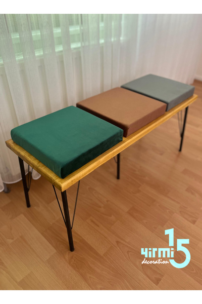 Yirmi15 Metal Ayaklı Ahşap Panel Üzeri 3 Adet Puf&Bench Balkon Bench