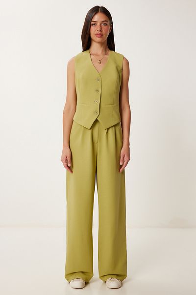 Lovelyİstanbul Linen Vest Pants Suit Oil Green Lrv0106