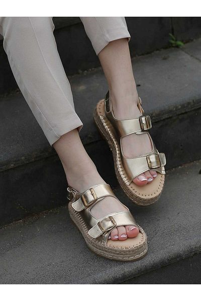 EREN SHOES BAG Valeri̇ (Moly-5303) Genuine Leather Adjustable Band Buckle Flat Sole Women's Sandals