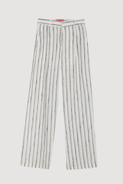 Quzu Striped Pencil Linen Palazzo Trousers Blue
